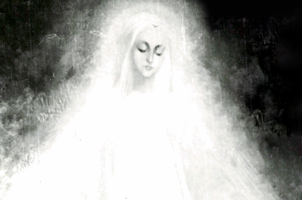 A close, luminous image of the Virgin Mary with eyes lowered