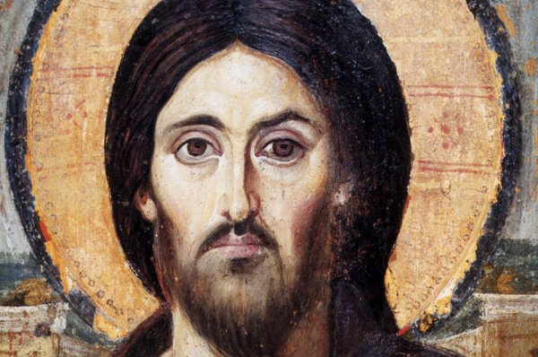 The Christ Pantocrator icon: a sixth-century painted face of Christ with a gold halo